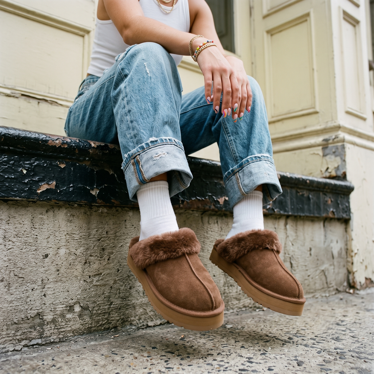 A person sitting on outdoor steps wearing brown fuzzy slip-on slippers, light blue jeans, white socks, and bracelets, with the slippers floating as they sit.